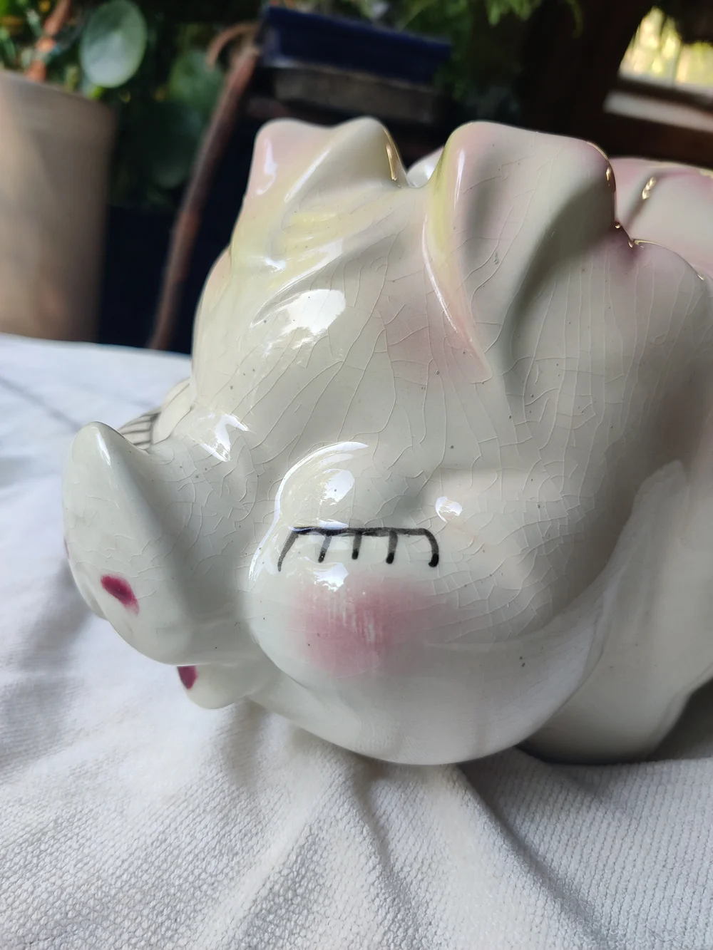 50s Large Piggy Bank Smiley Eyelashes Ribbon Lucky Shamrocks Clover Kitsch 7x13